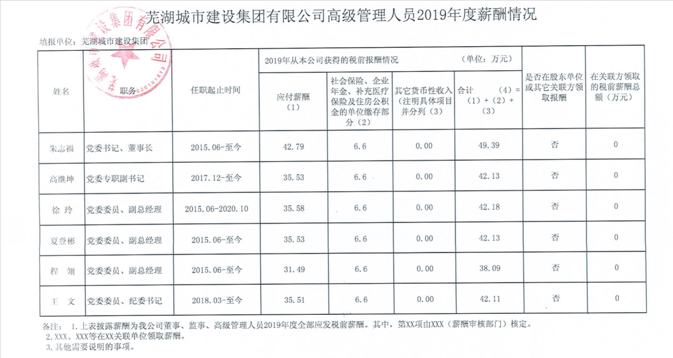 蕪湖城市建設集團有限公司高級管理人員2019年度薪酬情況
